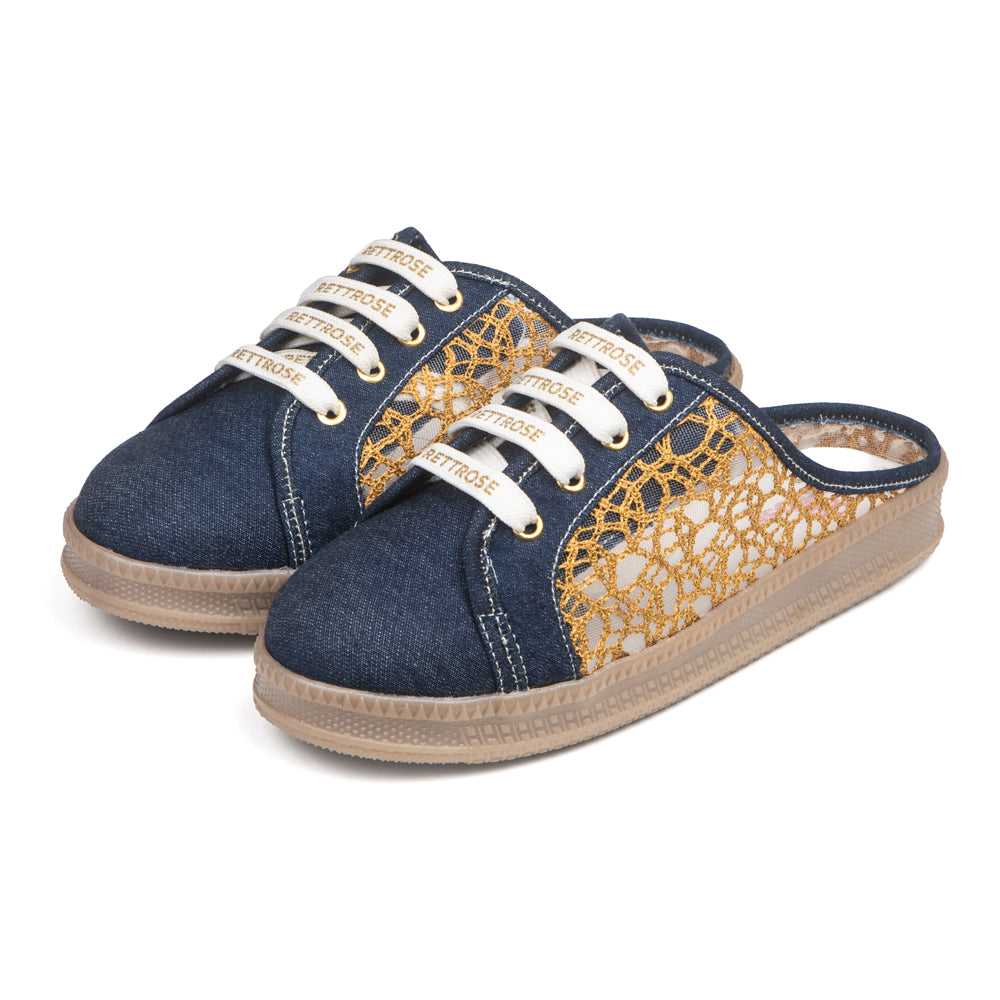The Gilded Mesh Denim Luxury Embellished Slide Sneakers