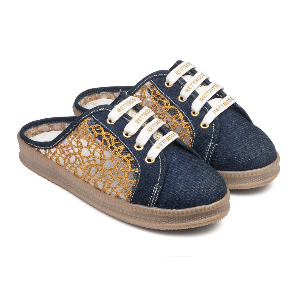 The Gilded Mesh Denim Luxury Embellished Slide Sneakers