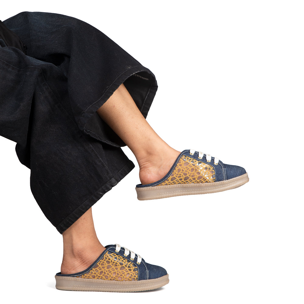 The Gilded Mesh Denim Luxury Embellished Slide Sneakers