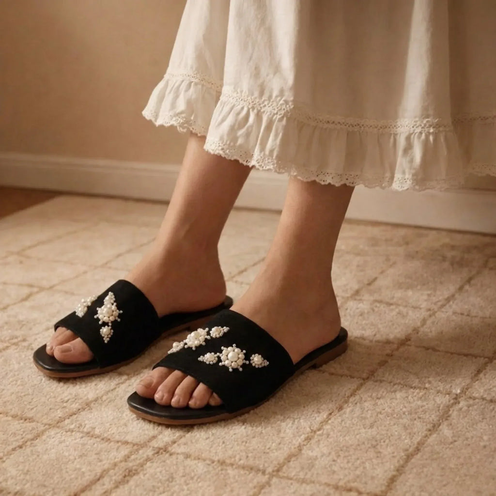 The Luna Grace Pearl Black Embellished Flats