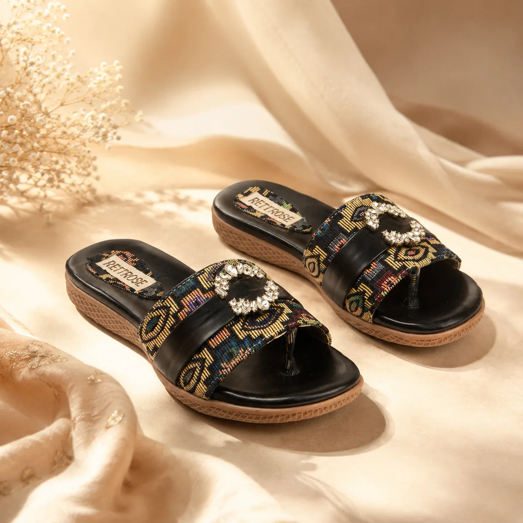 The Baroque Black Jacquard Toe-Post Embellished Slides