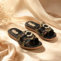The Baroque Black Jacquard Toe-Post Embellished Slides