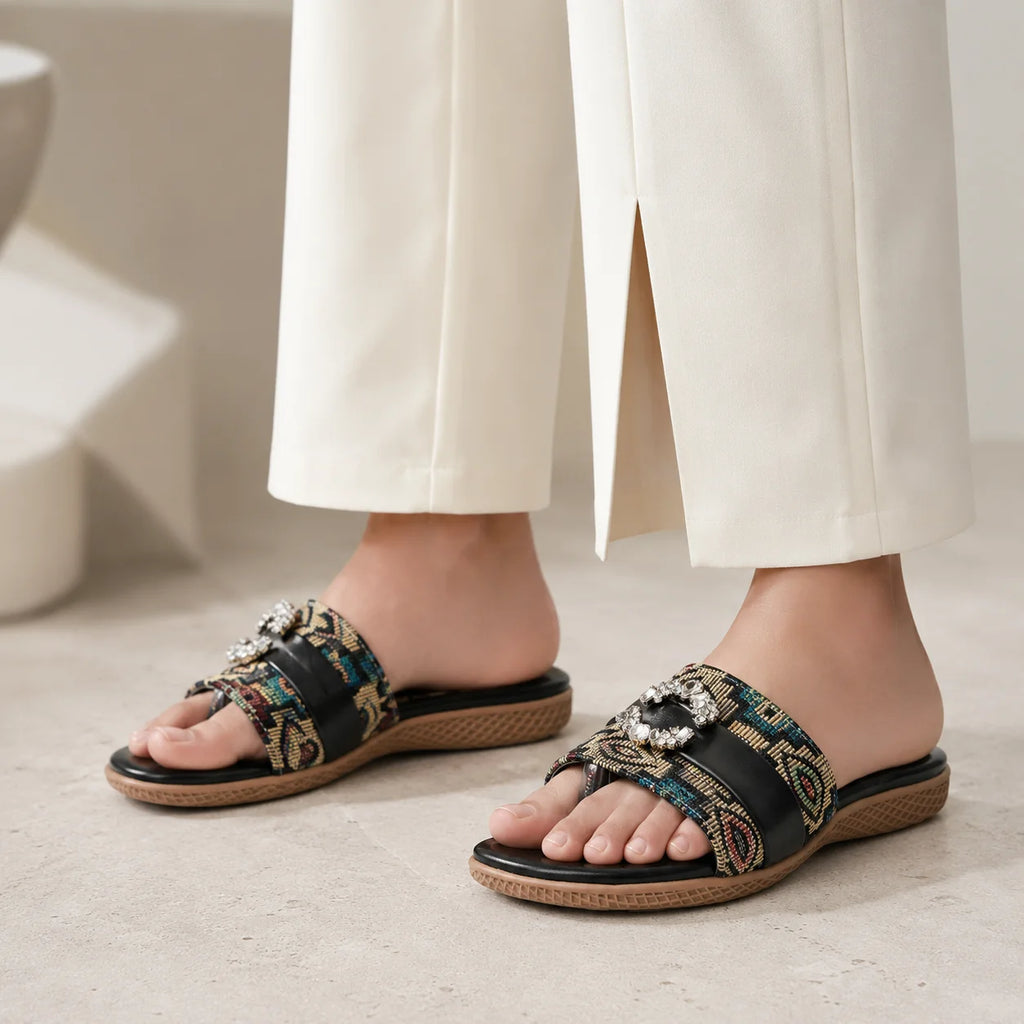 The Baroque Black Jacquard Toe-Post Embellished Slides