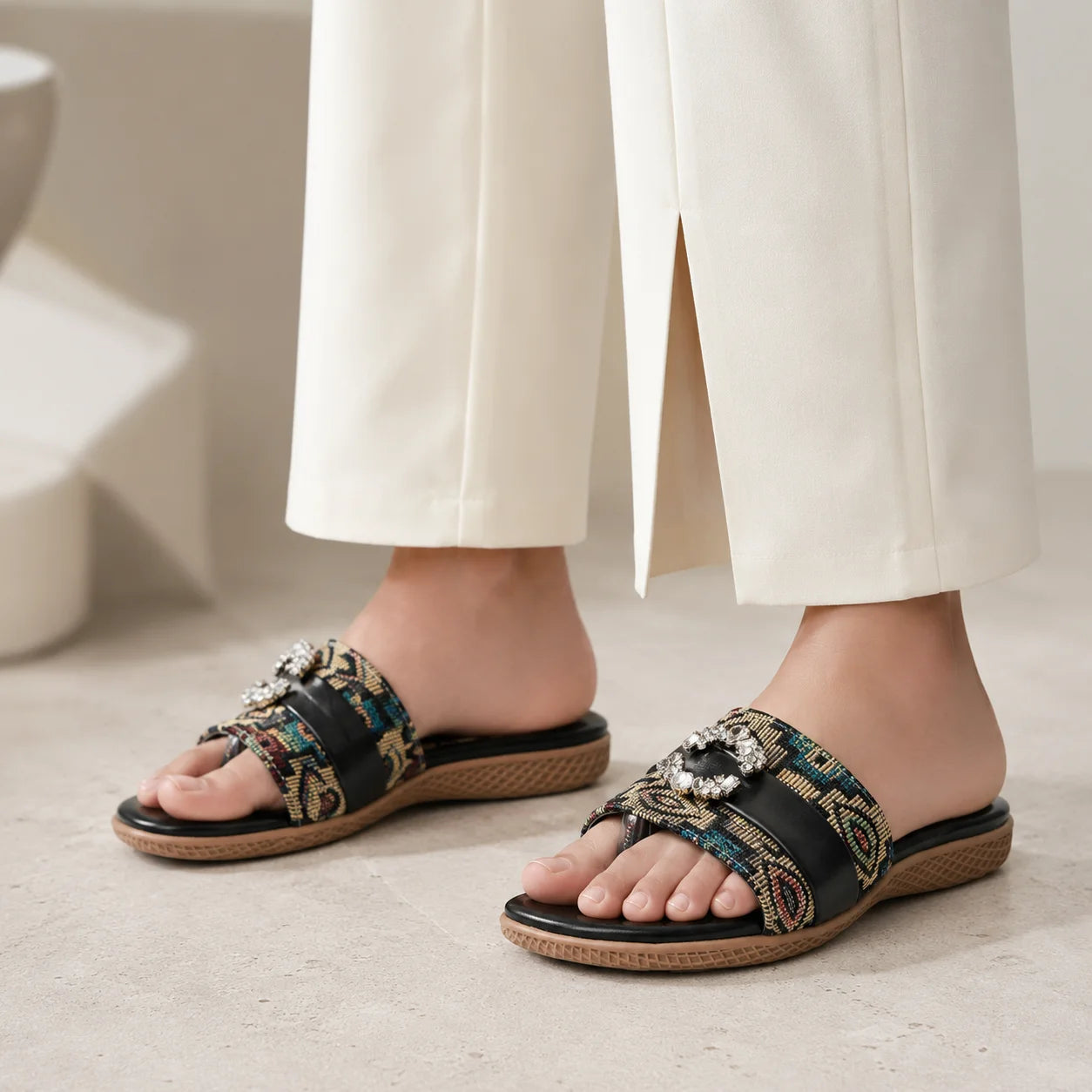 The Baroque Black Jacquard Toe-Post Embellished Slides