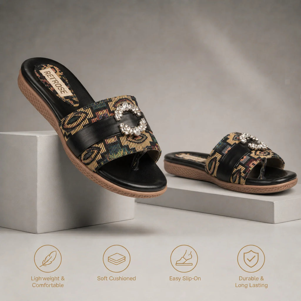 The Baroque Black Jacquard Toe-Post Embellished Slides