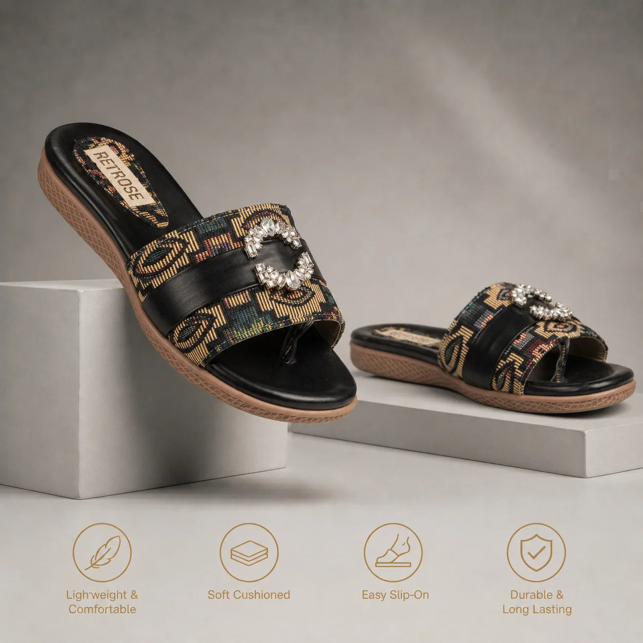 The Baroque Black Jacquard Toe-Post Embellished Slides