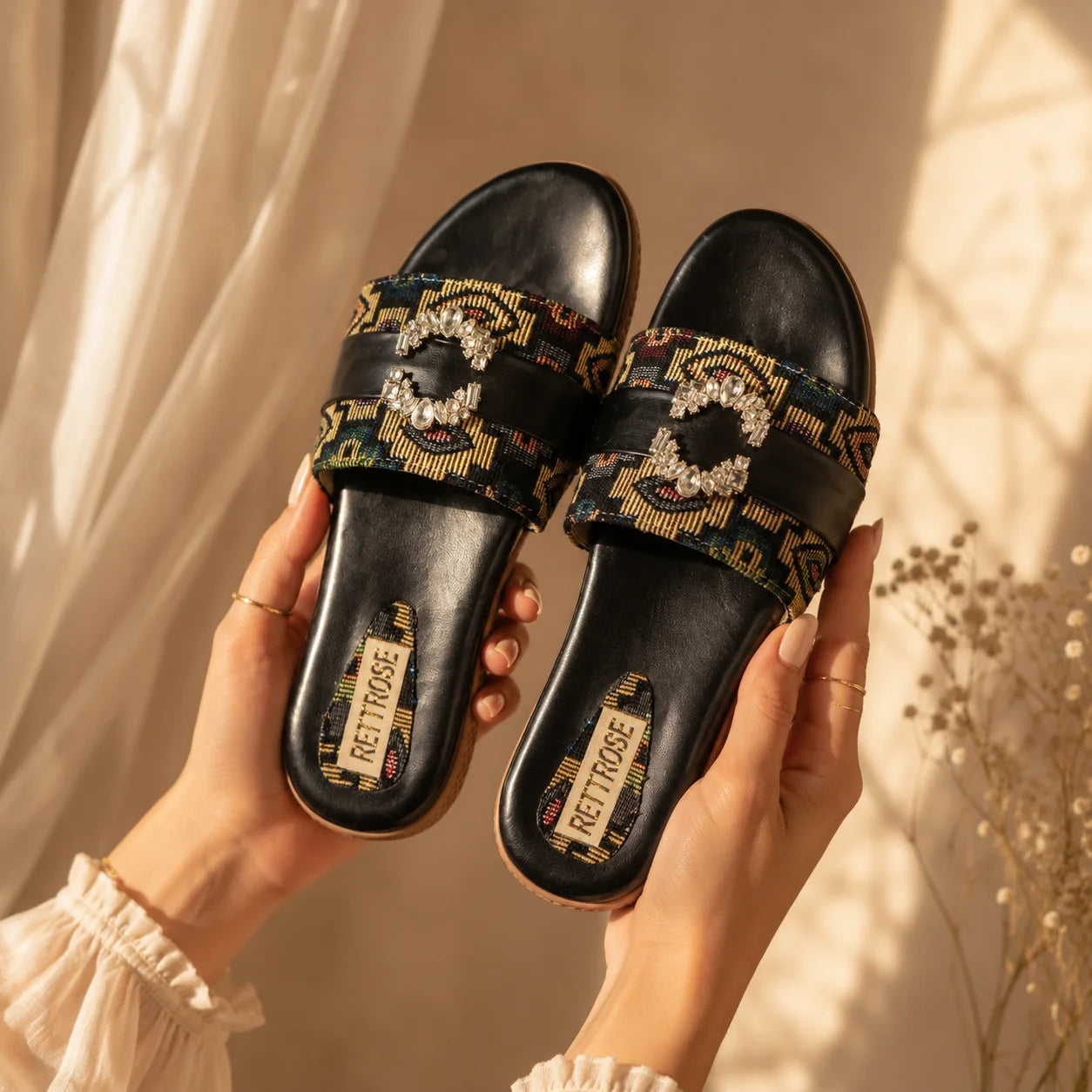 The Baroque Black Jacquard Toe-Post Embellished Slides