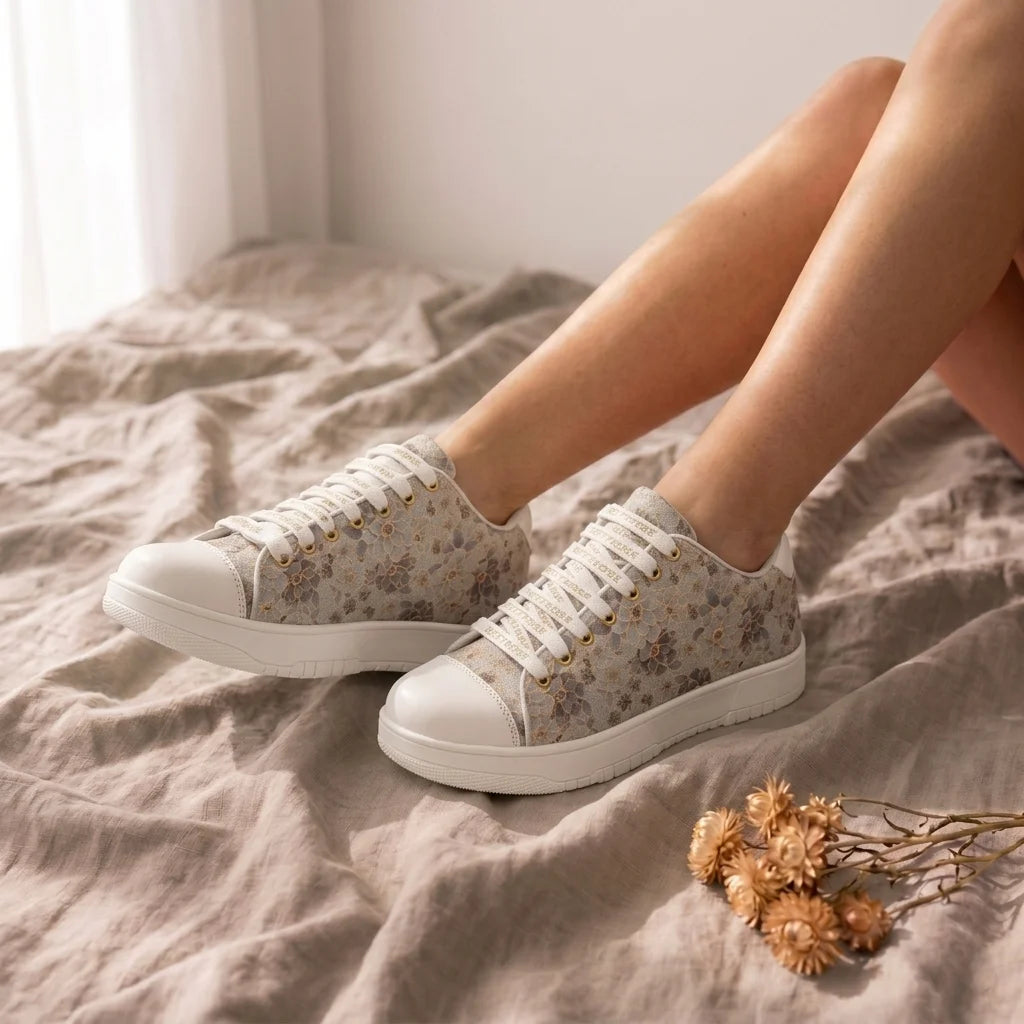 The Botanical Flora White Gray Luxury Embellished Casual Sneaker