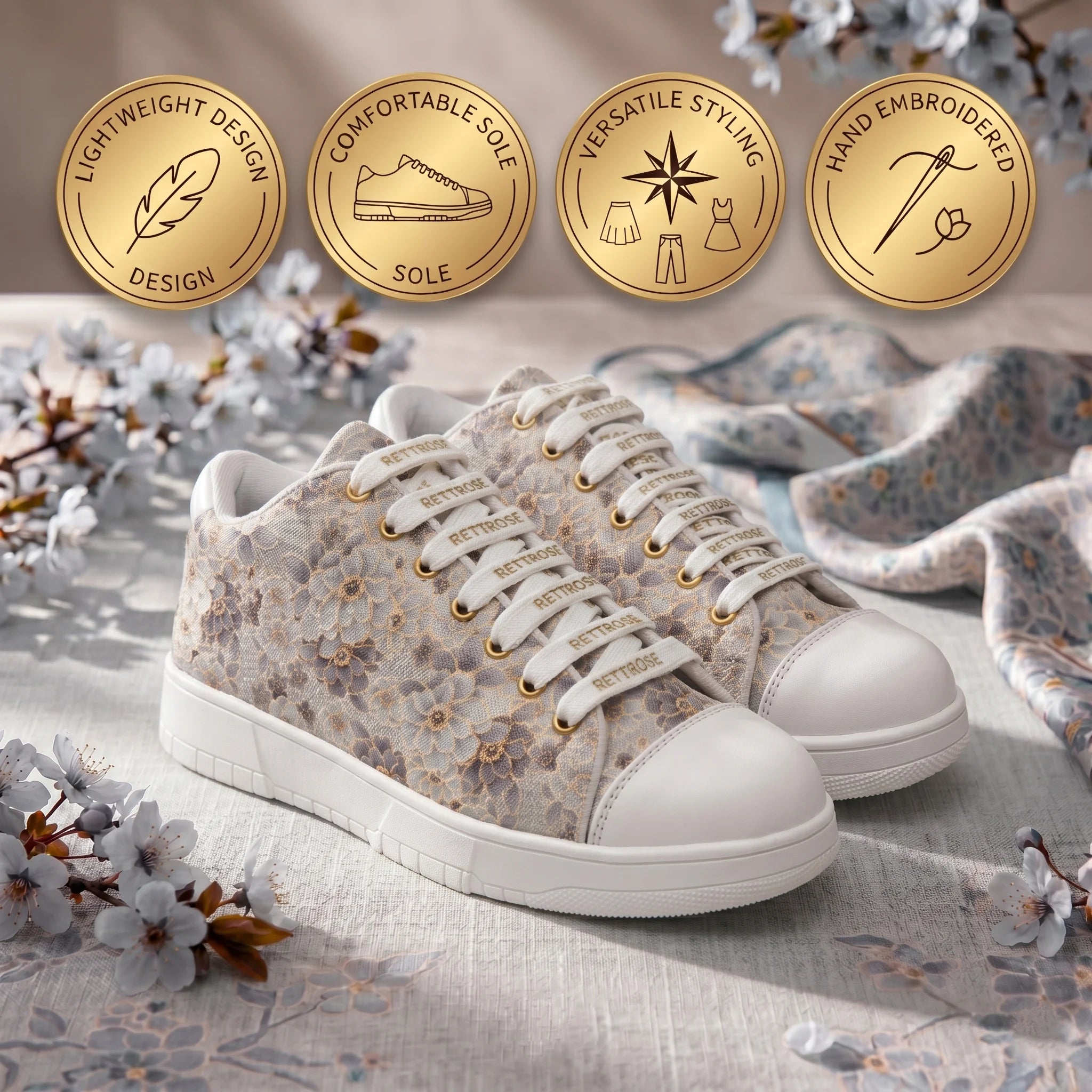 The Botanical Flora White Gray Luxury Embellished Casual Sneaker
