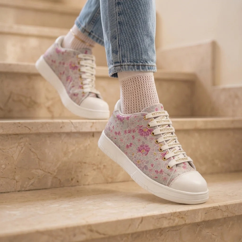 The Botanical Flora White Pink Luxury Embellished Casual Sneaker