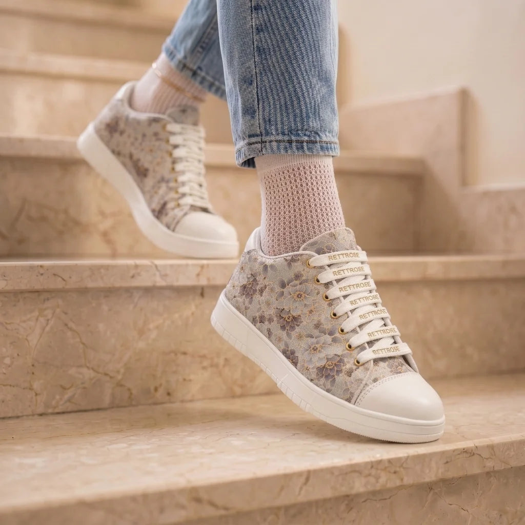 The Botanical Flora White Gray Luxury Embellished Casual Sneaker