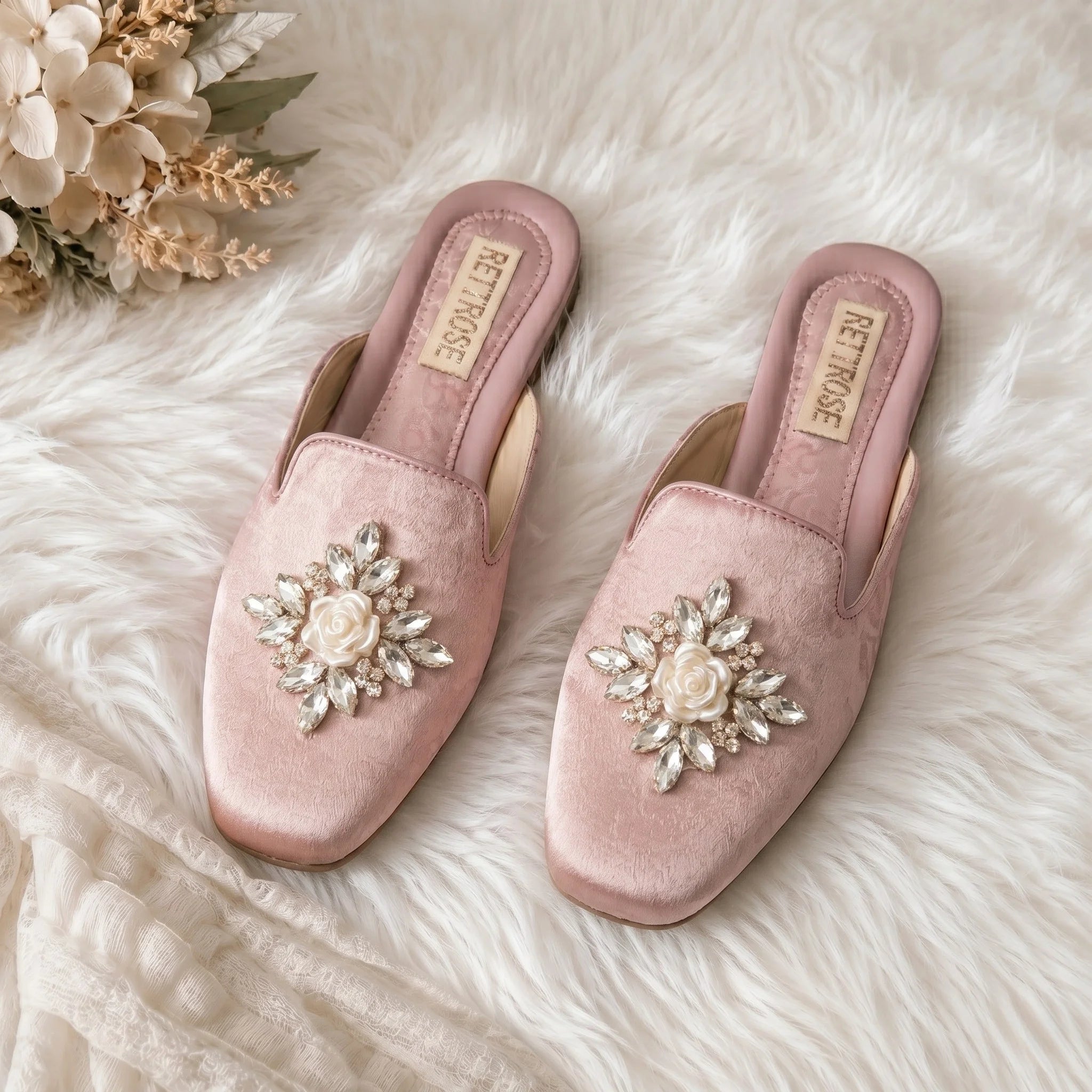 The Celestial Pink Satin Rose Luxury Embellished Mules