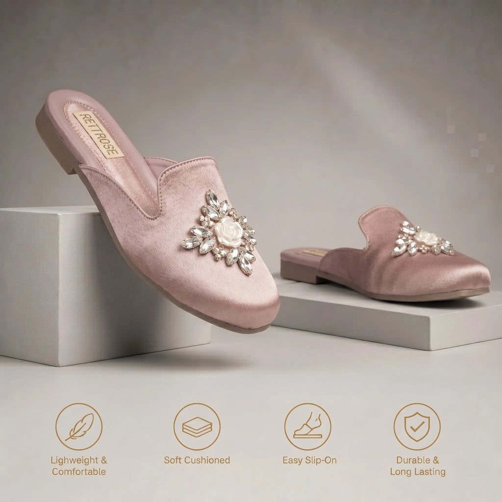 The Celestial Pink Satin Rose Luxury Embellished Mules