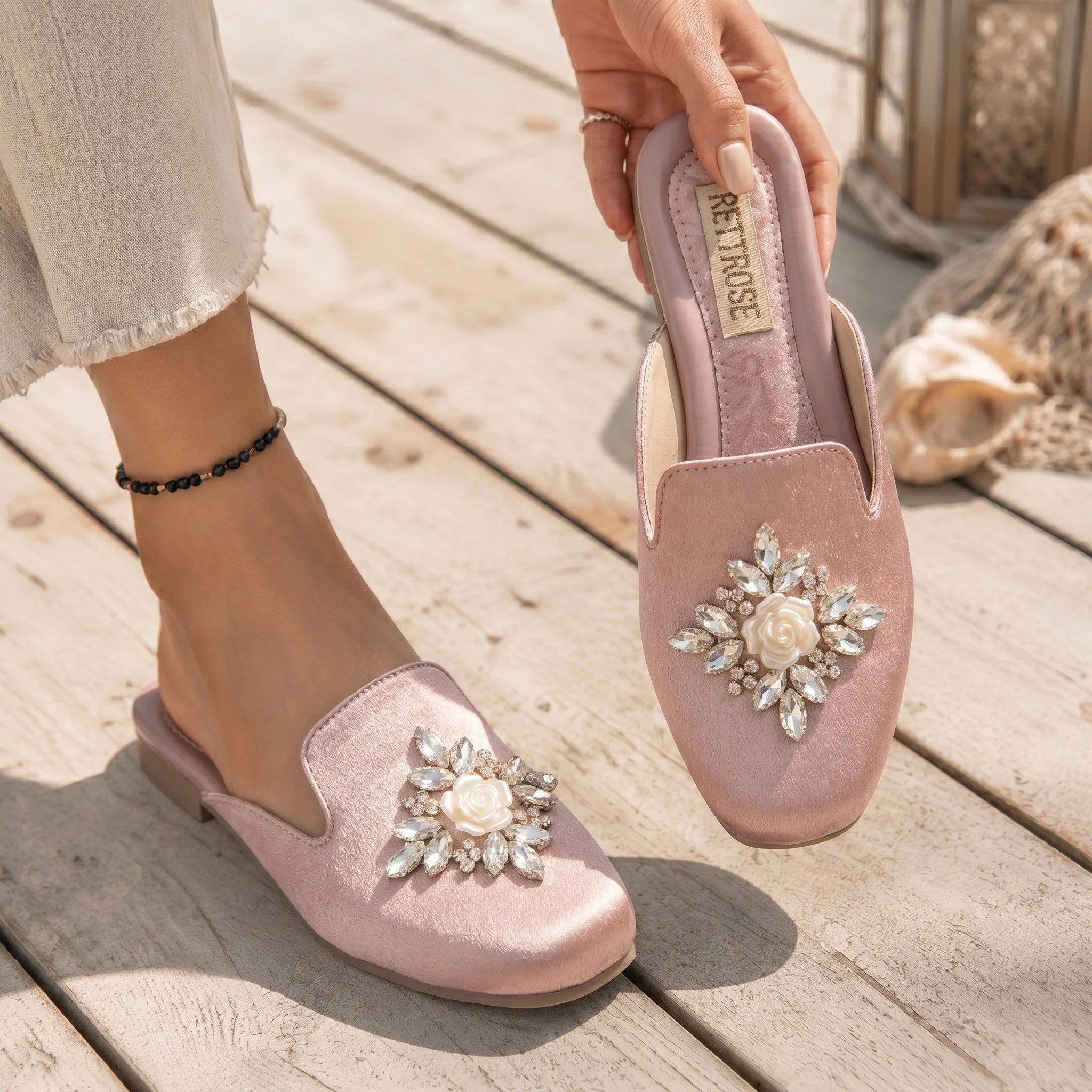 The Celestial Pink Satin Rose Luxury Embellished Mules