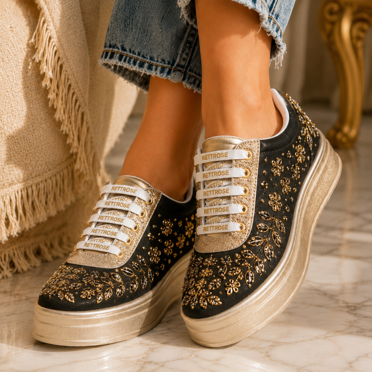 The Odette Luxury Golden Flora Embellished Trainer