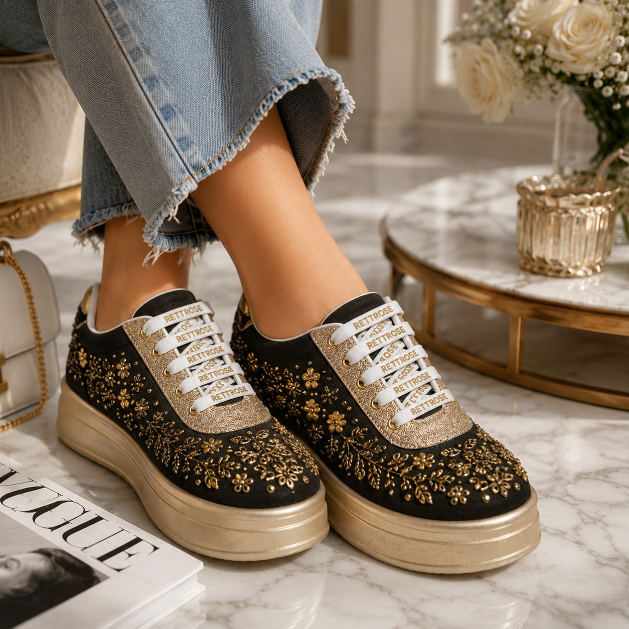 The Odette Luxury Golden Flora Embellished Trainer