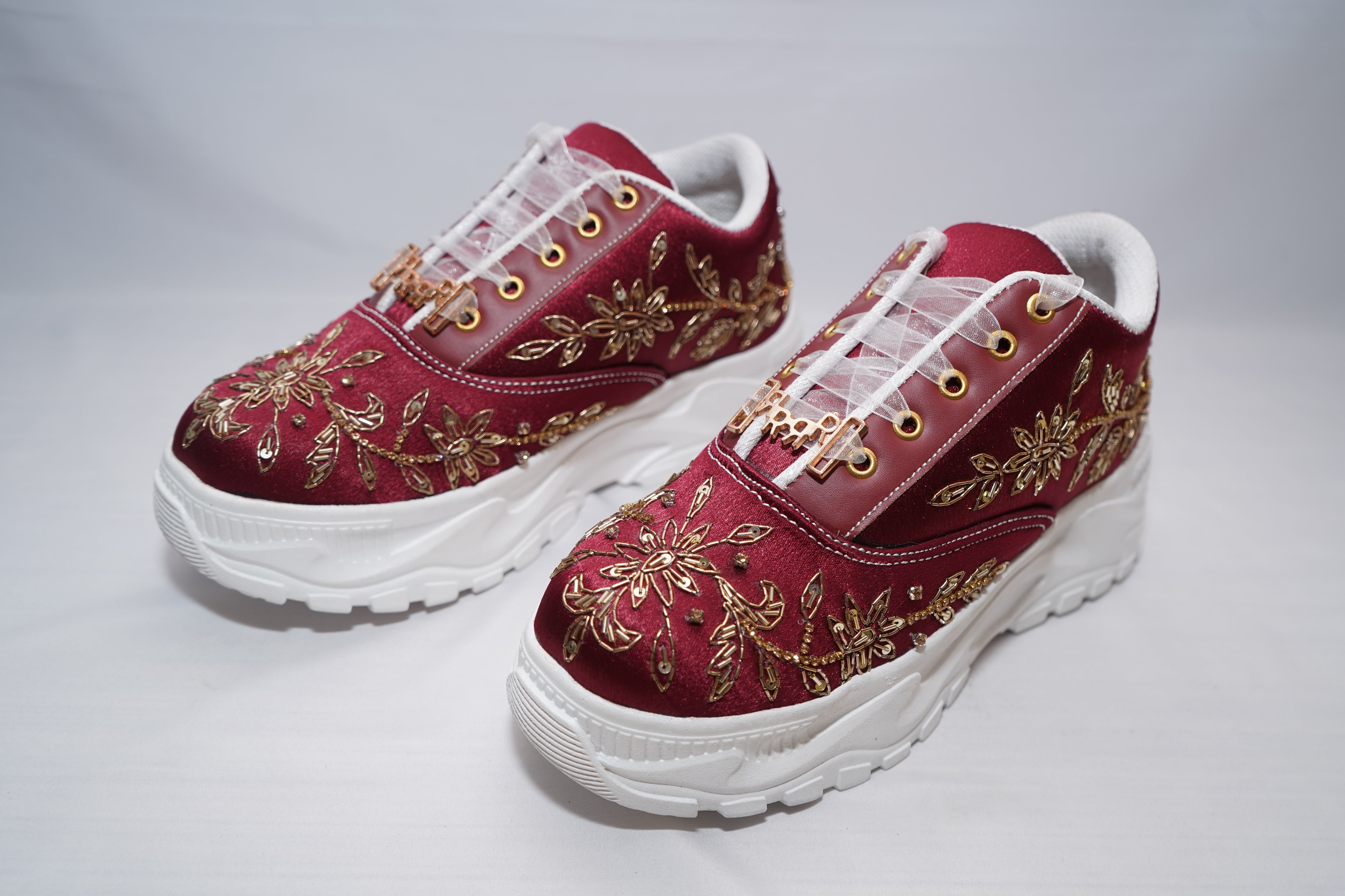 The Arabella Luxury Red Satin Embellished Trainer