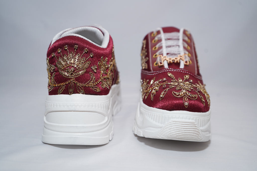 The Arabella Luxury Red Satin Embellished Trainer