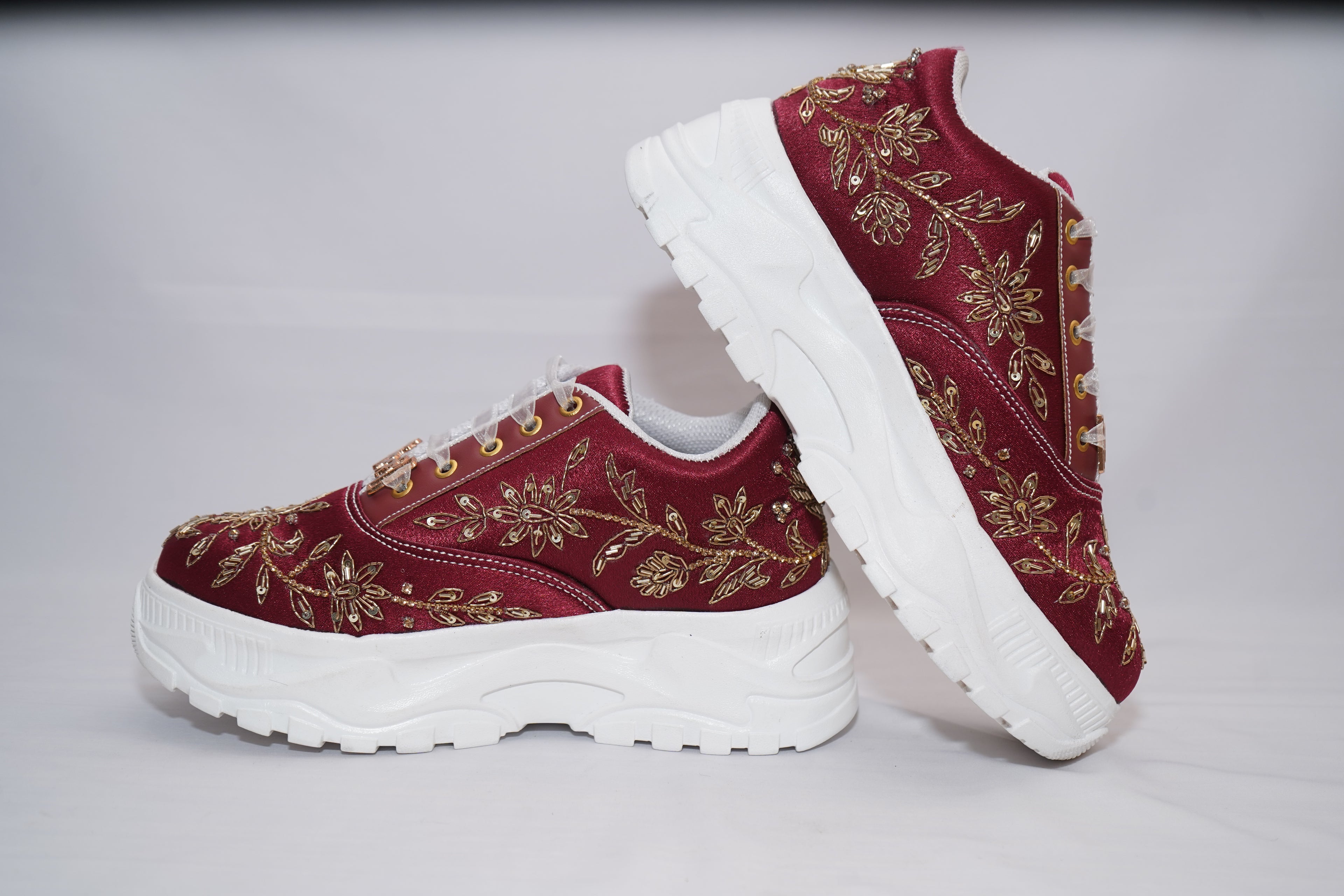The Arabella Luxury Red Satin Embellished Trainer