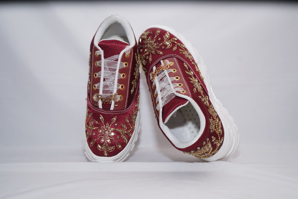 The Arabella Luxury Red Satin Embellished Trainer
