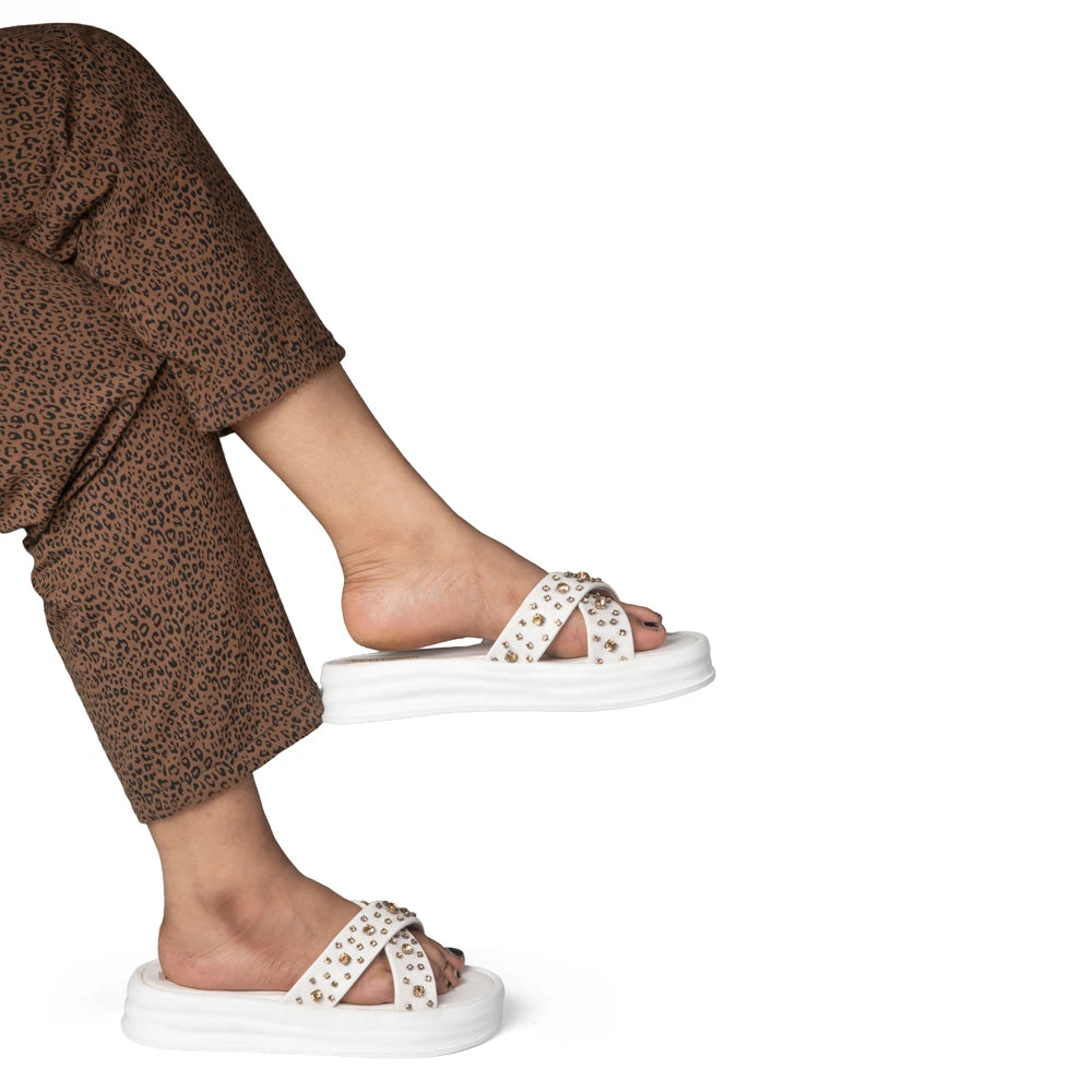 The Aurora White Luxury Cross Over Embellished Slides
