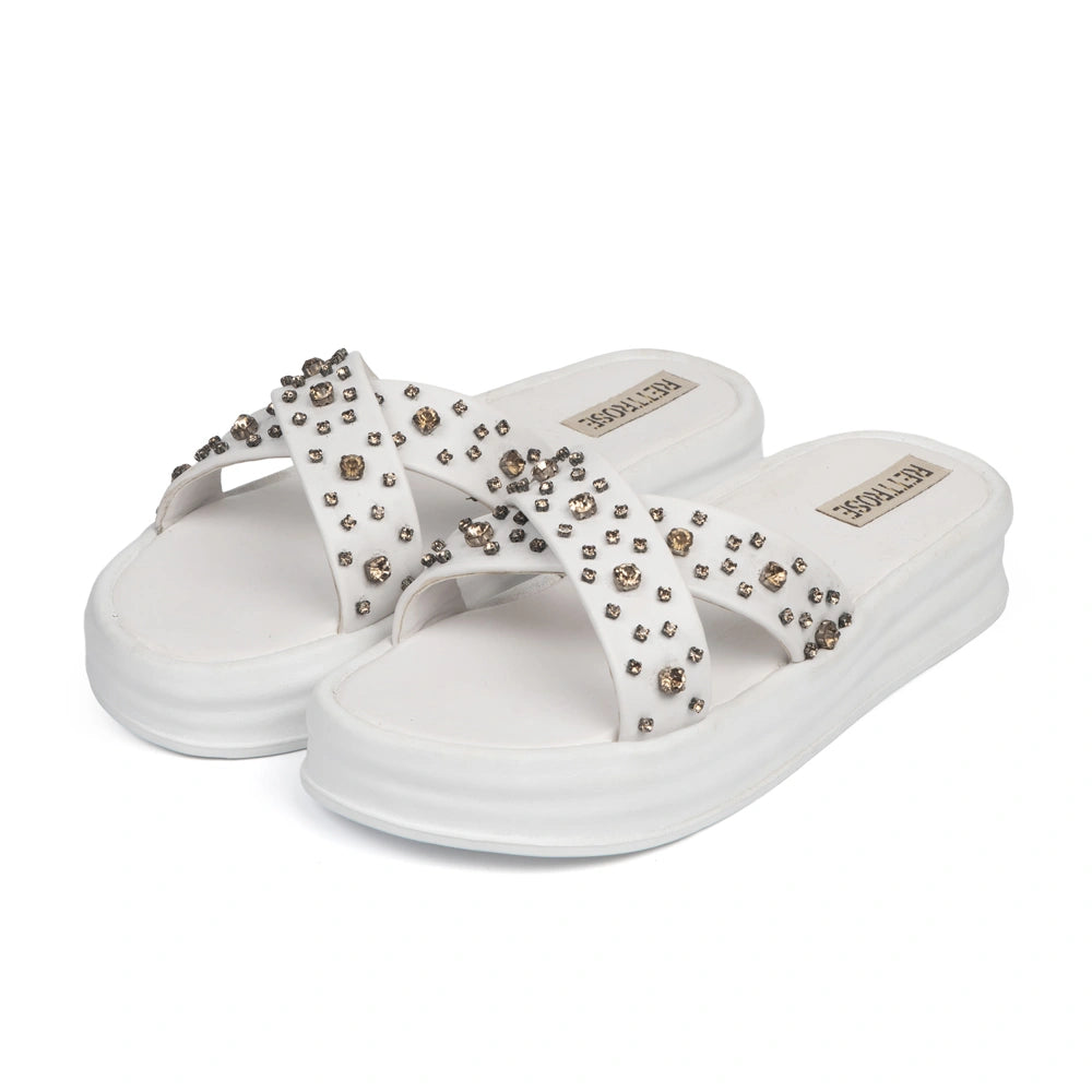 The Aurora White Luxury Cross Over Embellished Slides