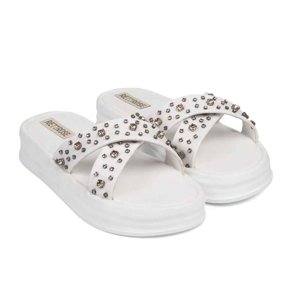 The Aurora White Luxury Cross Over Embellished Slides