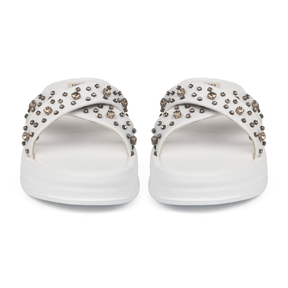 The Aurora White Luxury Cross Over Embellished Slides