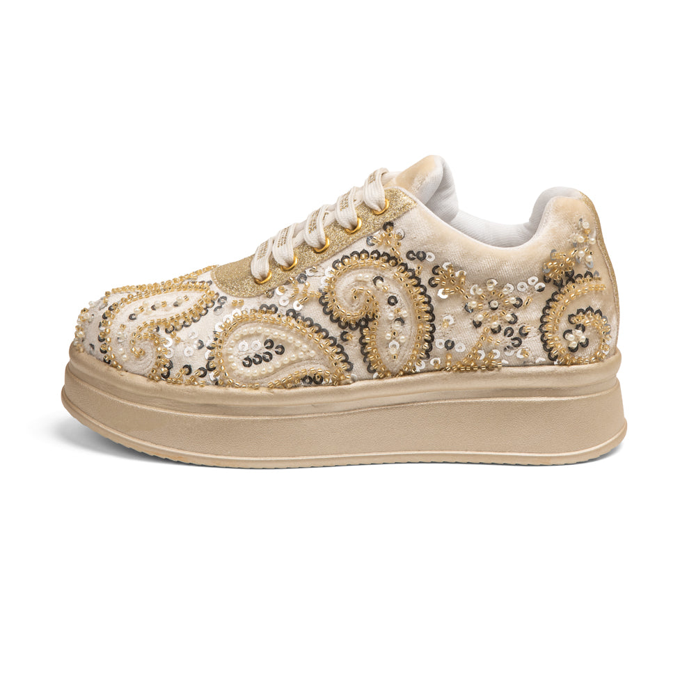 RETTROSE | Women’s Heritage Wedding Platform Sneakers | Handmade  Pearl & Sequin Embellished | Bridal & Party Wear | Ivory Gold