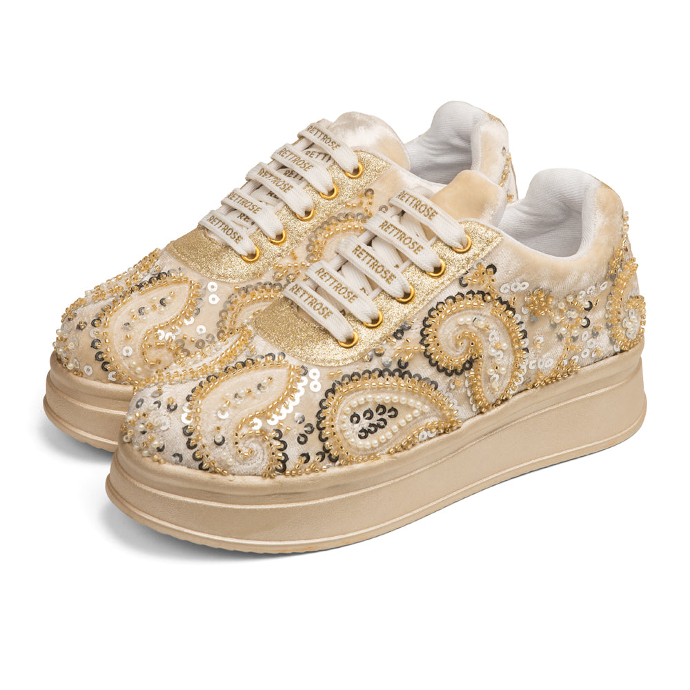RETTROSE | Women’s Heritage Wedding Platform Sneakers | Handmade  Pearl & Sequin Embellished | Bridal & Party Wear | Ivory Gold