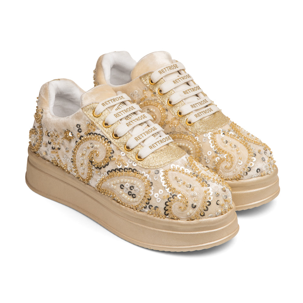 RETTROSE | Women’s Heritage Wedding Platform Sneakers | Handmade  Pearl & Sequin Embellished | Bridal & Party Wear | Ivory Gold