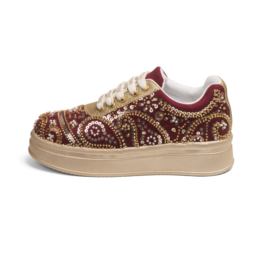 RETTROSE Women’s Hand Embroidered Indian Ethnic Bridal Sneakers |  Wedding Party Shoes | Sequin & Bead Work | Platform Footwear | Maroon