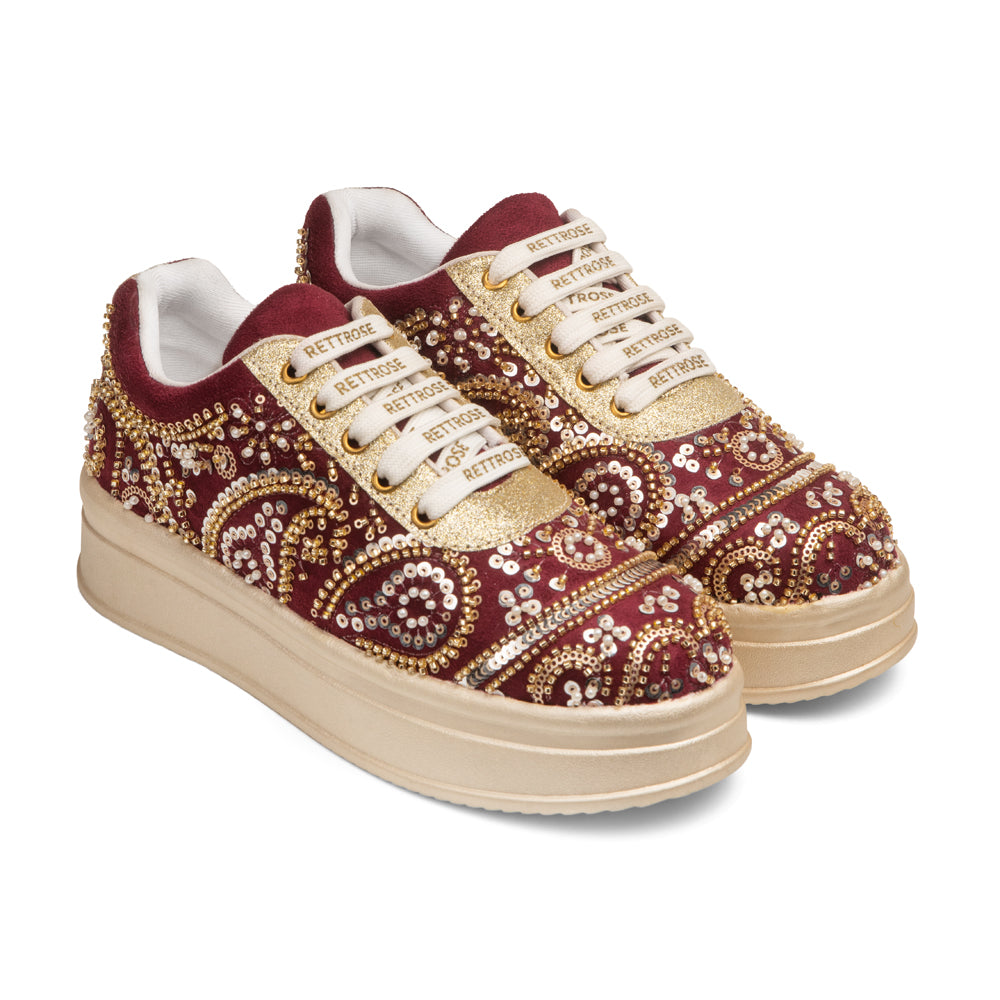 RETTROSE Women’s Hand Embroidered Indian Ethnic Bridal Sneakers |  Wedding Party Shoes | Sequin & Bead Work | Platform Footwear | Maroon