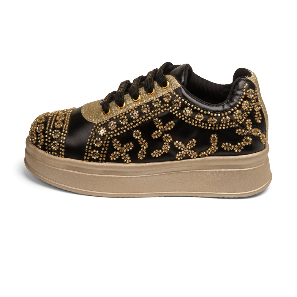 RETTROSE Women’s Black Ethnic Wedding Sneakers | Designer Handcrafted Bridal Shoes | Beaded Platform Footwear | Festive Party Wear