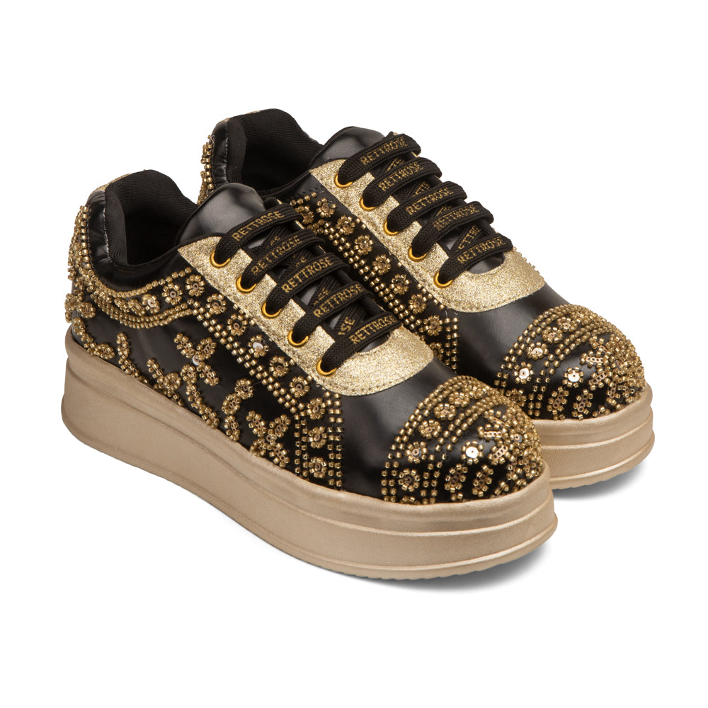 RETTROSE Women’s Black Ethnic Wedding Sneakers | Designer Handcrafted Bridal Shoes | Beaded Platform Footwear | Festive Party Wear