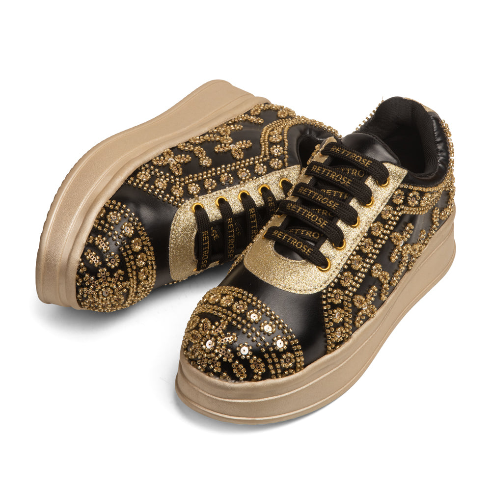 RETTROSE Women’s Black Ethnic Wedding Sneakers | Designer Handcrafted Bridal Shoes | Beaded Platform Footwear | Festive Party Wear