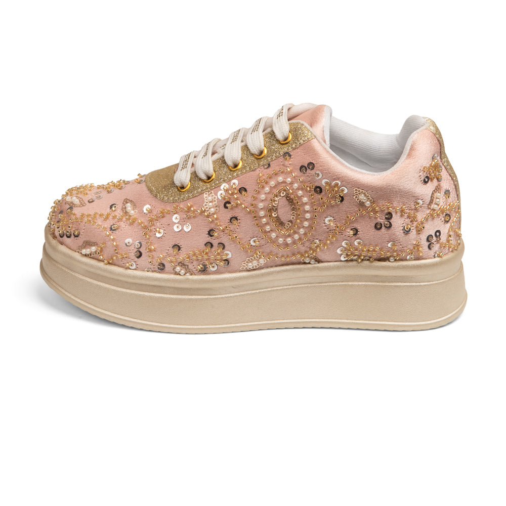 RETTROSE Women’s Blush Pink Bridal Platform Sneakers | Premium  Hand Embroidered Wedding Shoes | Indian Ethnic Festive Footwear