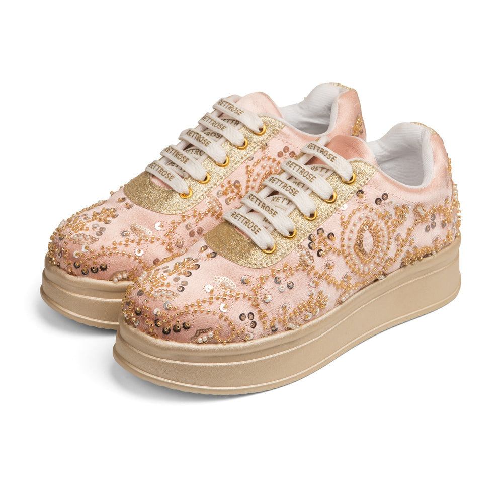 RETTROSE Women’s Blush Pink Bridal Platform Sneakers | Premium  Hand Embroidered Wedding Shoes | Indian Ethnic Festive Footwear