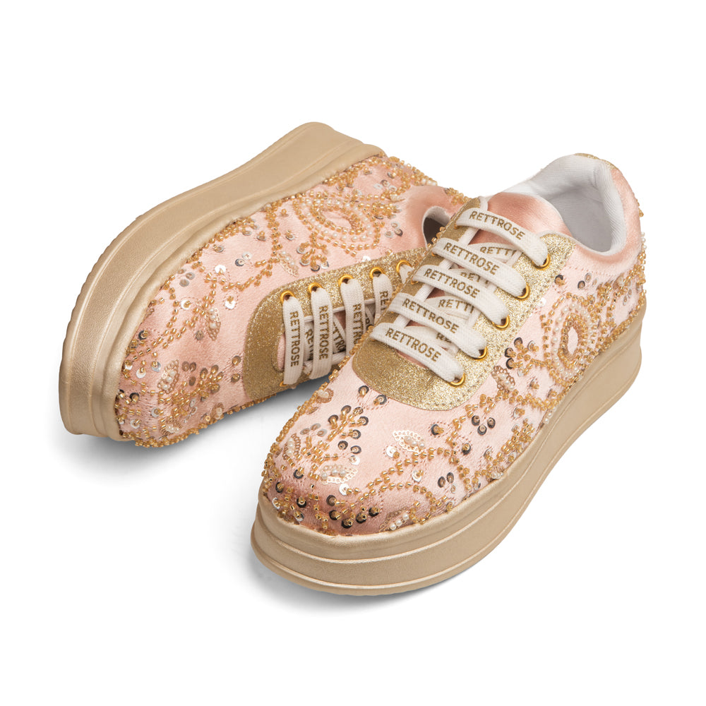 RETTROSE Women’s Blush Pink Bridal Platform Sneakers | Premium  Hand Embroidered Wedding Shoes | Indian Ethnic Festive Footwear