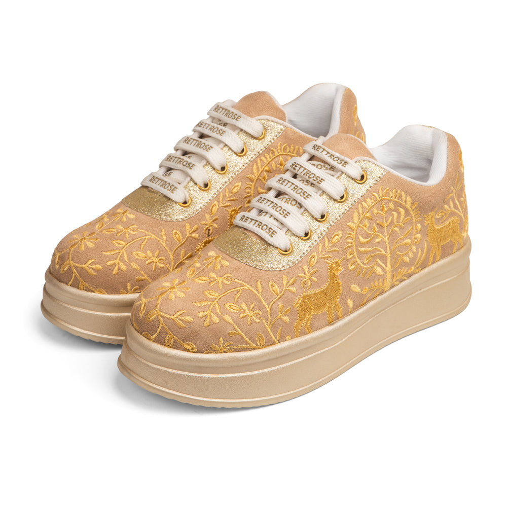RETTROSE | Deer Motif Embroidered Ethnic Sneakers | Indian  Wedding & Festive Wear Shoes | Handcrafted Platform Footwear |Maroon