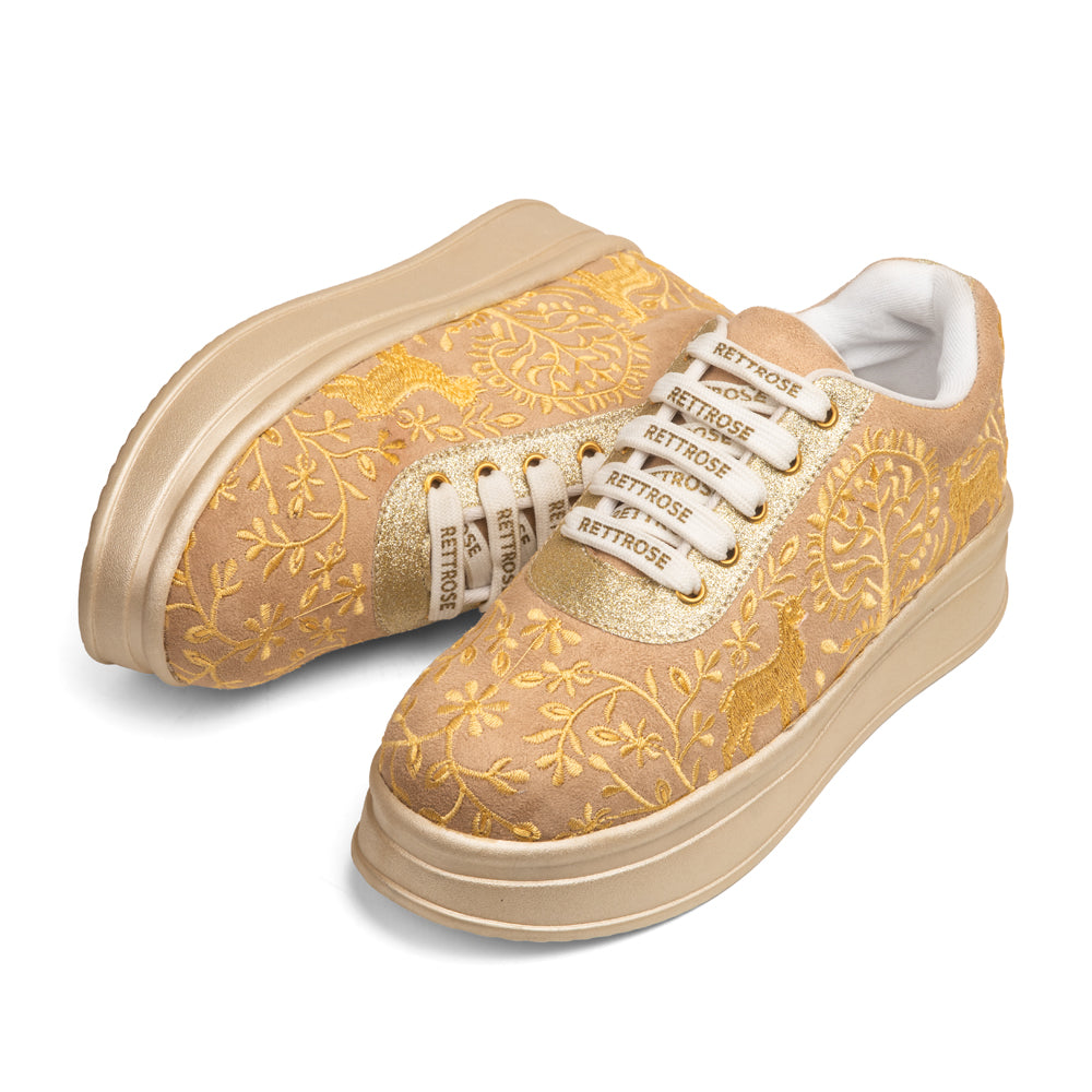 RETTROSE | Deer Motif Embroidered Ethnic Sneakers | Indian  Wedding & Festive Wear Shoes | Handcrafted Platform Footwear | Beige