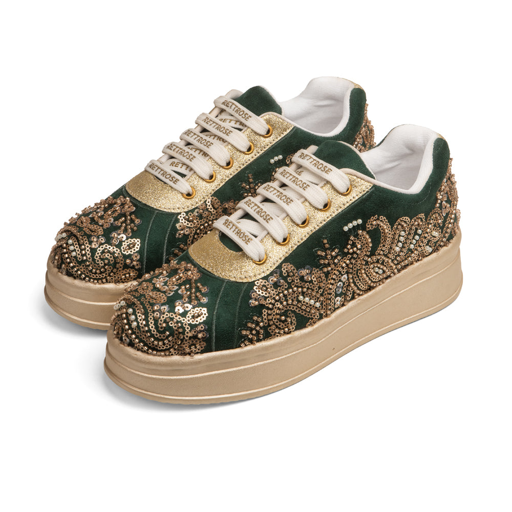 RETTROSE | Bridal Embroidered Sneakers | Wedding Platform  Footwear | Emerald Green