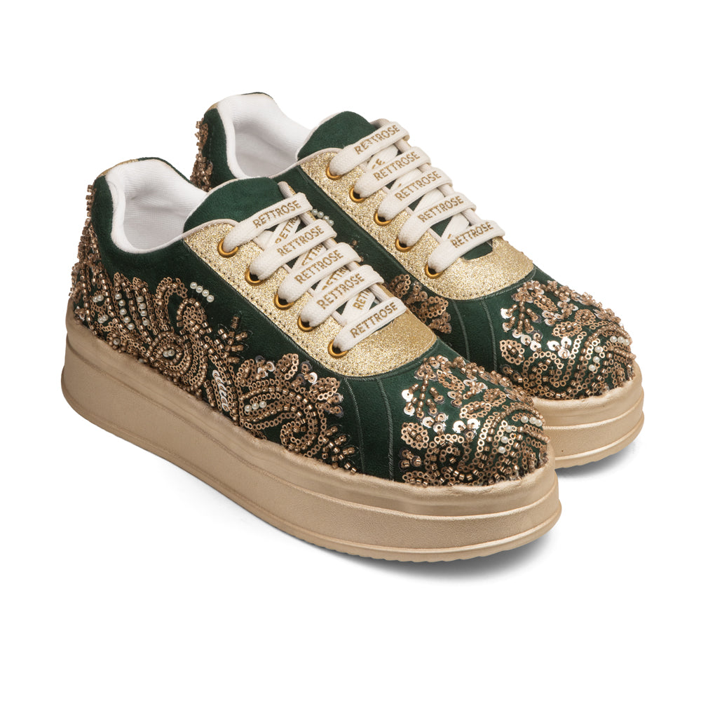 RETTROSE | Bridal Embroidered Sneakers | Wedding Platform  Footwear | Emerald Green