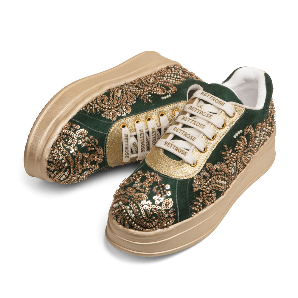 RETTROSE | Bridal Embroidered Sneakers | Wedding Platform  Footwear | Emerald Green