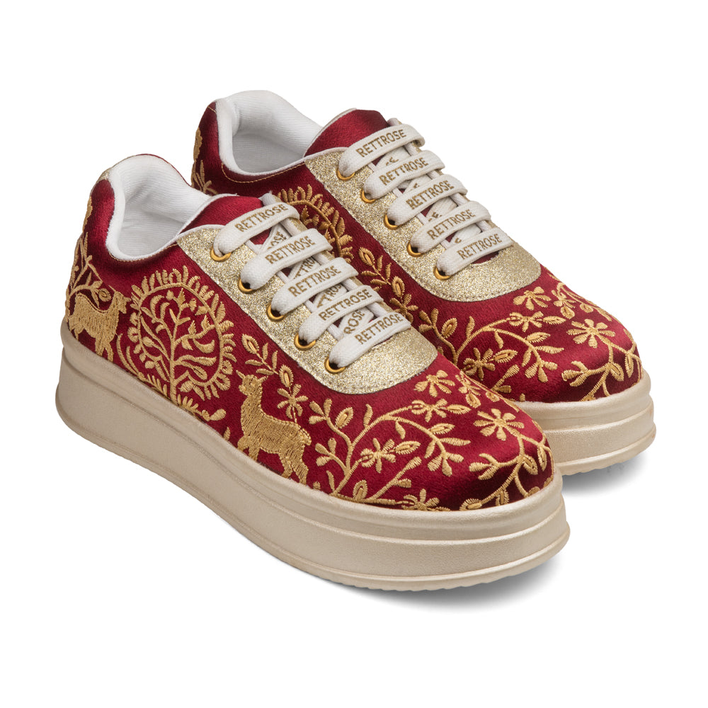 RETTROSE | Deer Motif Embroidered Ethnic Sneakers | Indian  Wedding & Festive Wear Shoes | Handcrafted Platform Footwear |Maroon