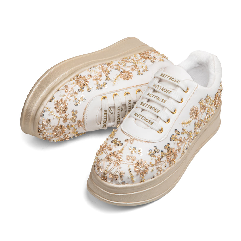 RETTROSE | Ivory Bridal Sneakers | Hand Embroidered Indian  Wedding Shoes | Pearl & Zari Work | Platform Footwear