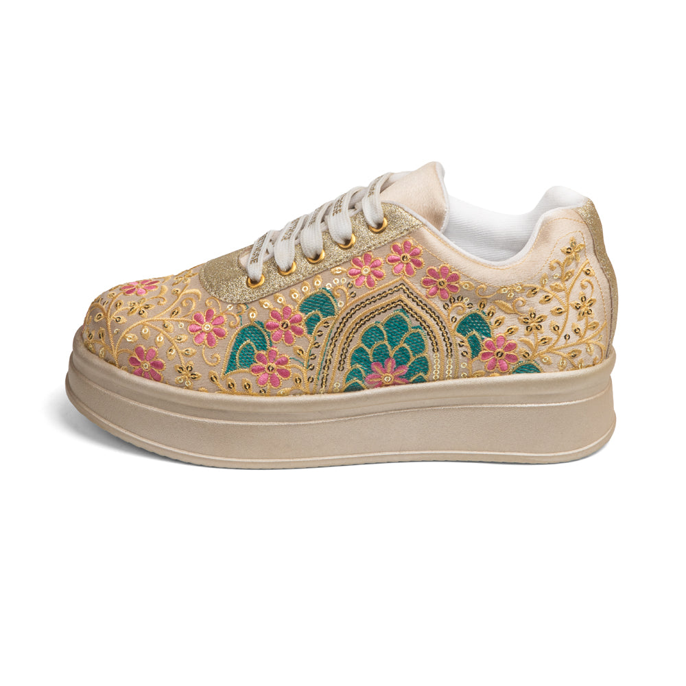 RETTROSE | Mughal Garden Embroidered Sneakers |  Handcrafted Indian Wedding Party Shoes | Floral Zari Work | Platform Footwear