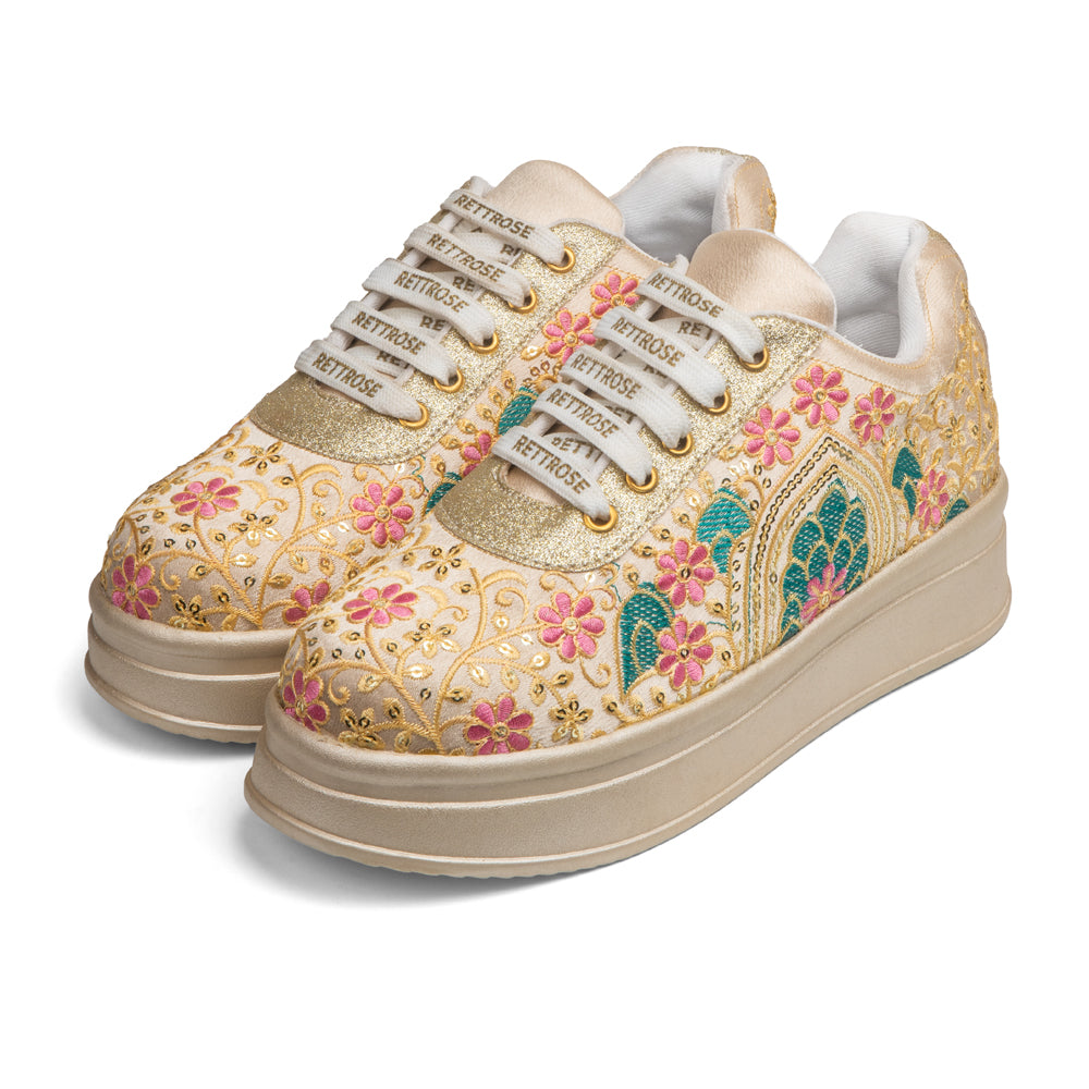 RETTROSE | Mughal Garden Embroidered Sneakers |  Handcrafted Indian Wedding Party Shoes | Floral Zari Work | Platform Footwear