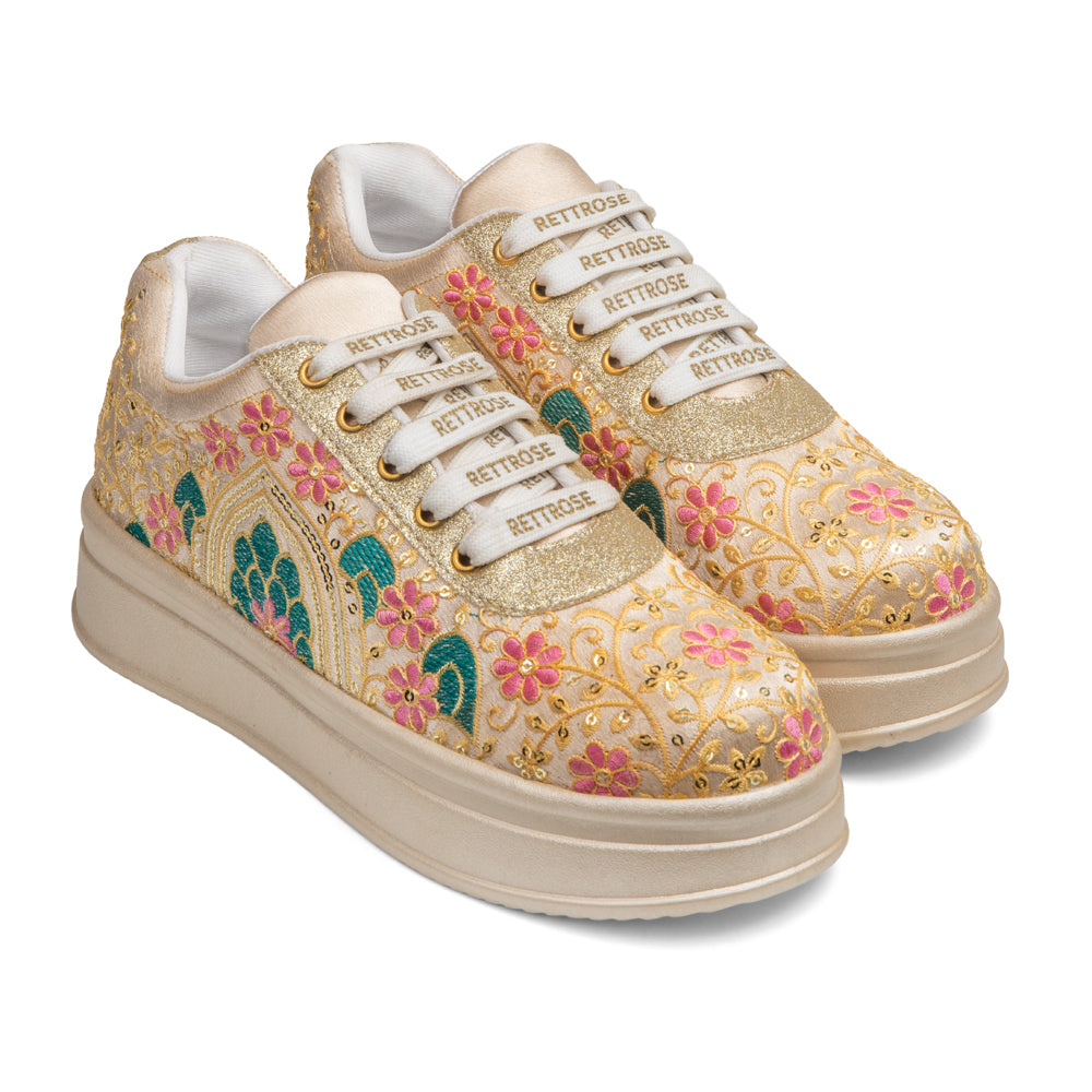 RETTROSE | Mughal Garden Embroidered Sneakers |  Handcrafted Indian Wedding Party Shoes | Floral Zari Work | Platform Footwear