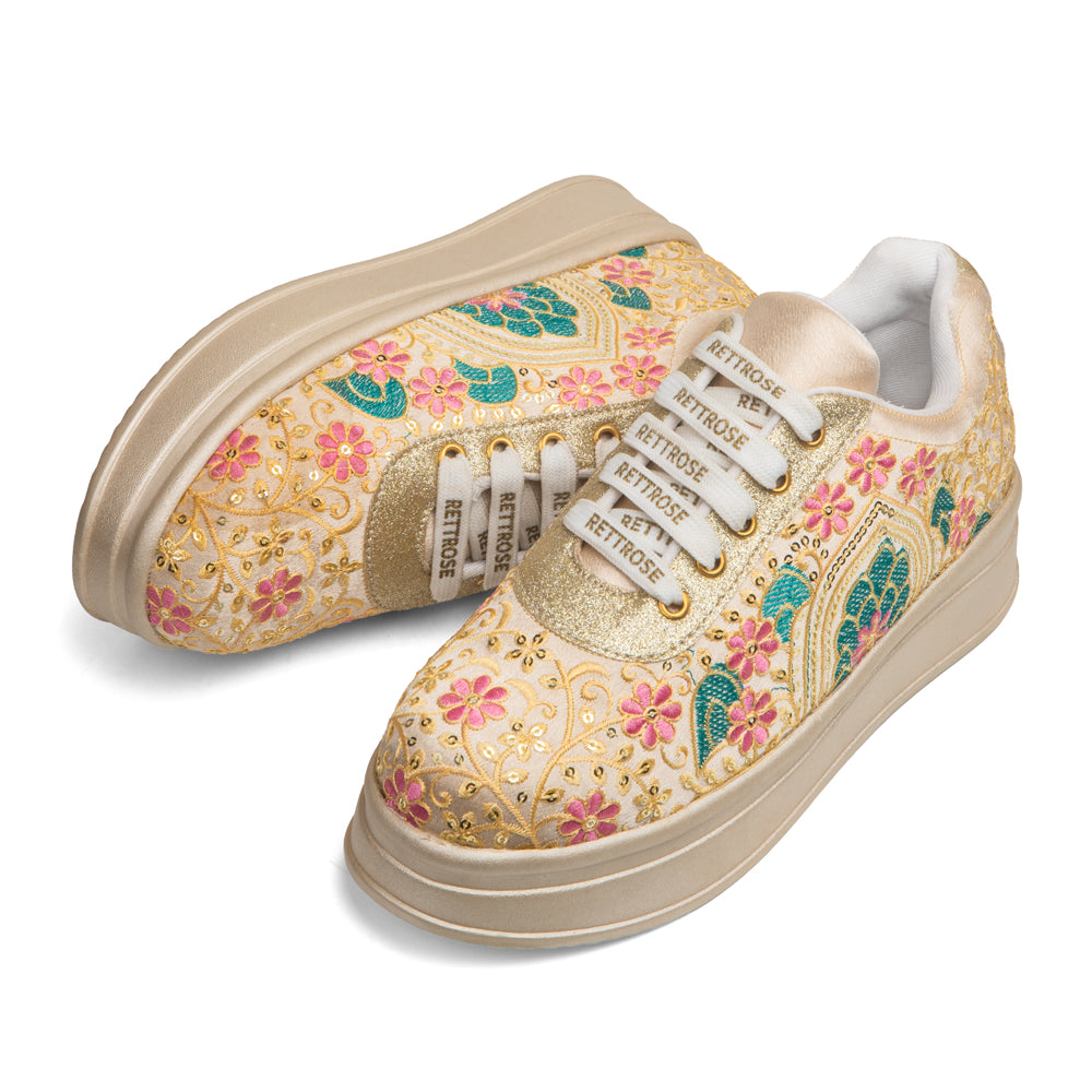 RETTROSE | Mughal Garden Embroidered Sneakers |  Handcrafted Indian Wedding Party Shoes | Floral Zari Work | Platform Footwear